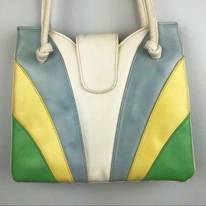 Vintage 70s Colorblock Pastel Rainbow Vinyl Accordion Shoulder Bag Purse Stripe